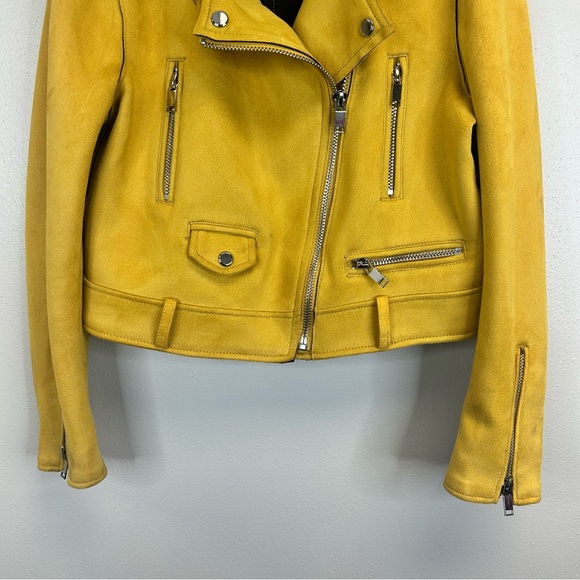 Zara Mustard Yellow Faux Leather Biker Jacket Womens L Indie Rocker Grunge Outer - Picture 7 of 16